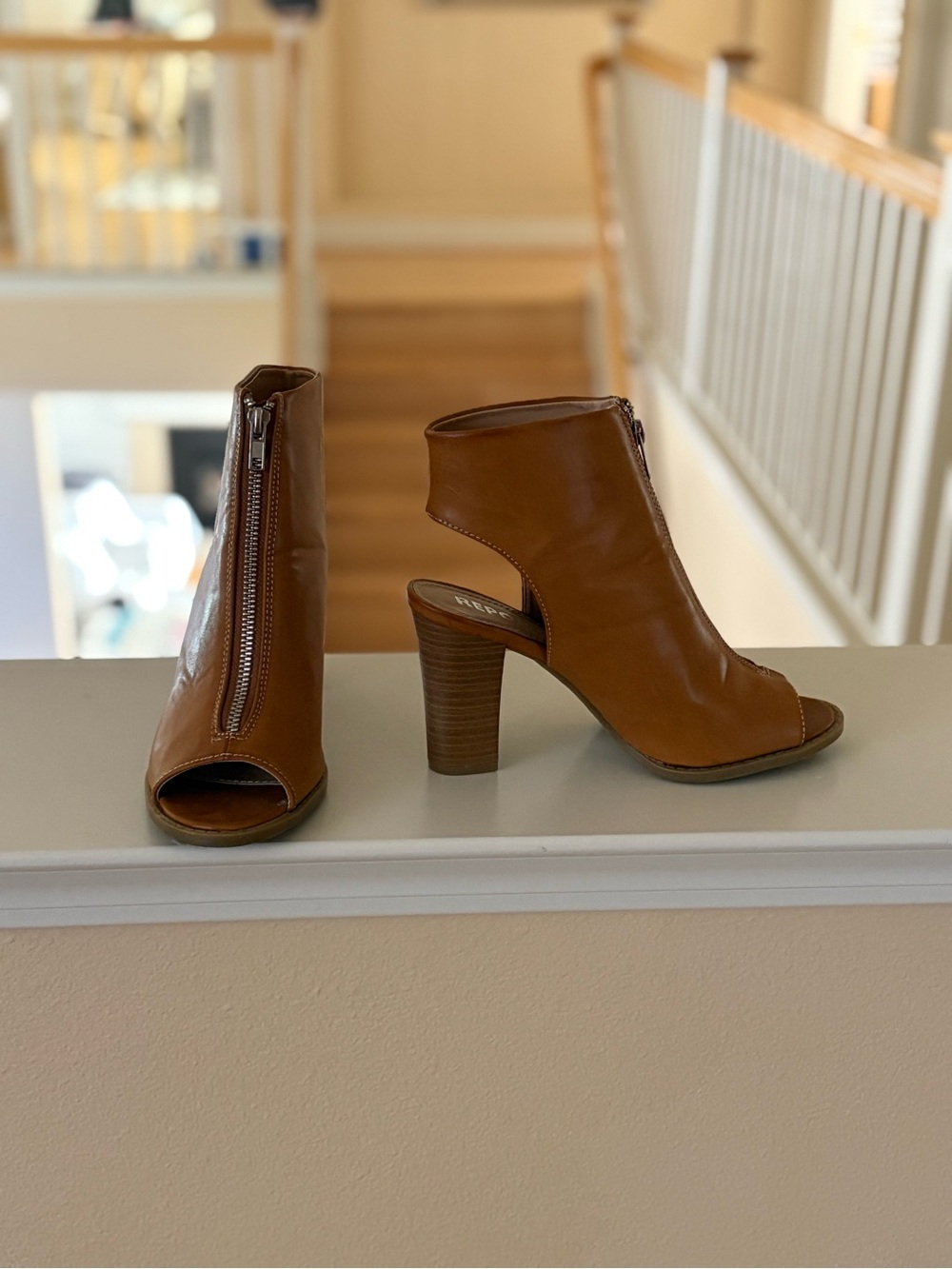 Report Tan Open-Toe Stacked Heel Cutout Booties - Size 8